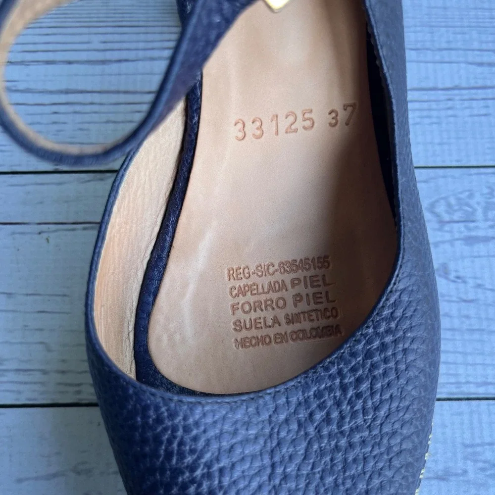 Bon-Bonite Navy Pebbled Leather Platform Mary Jane Peep Toe Heels Size 37
